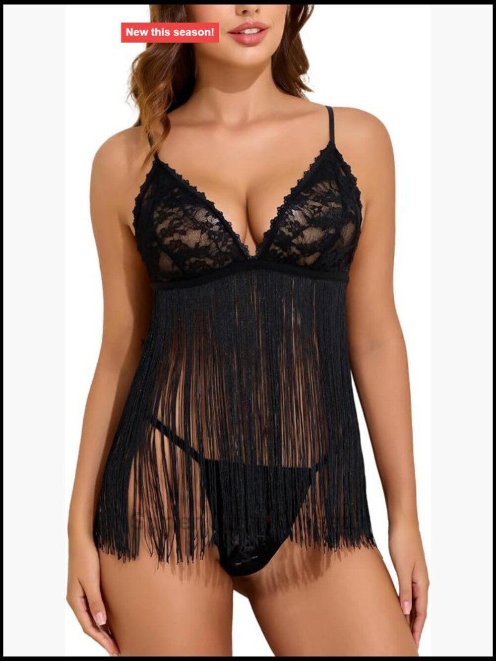 Lace Babydoll Lingerie Set with Tassel Fringe & Matching Thong